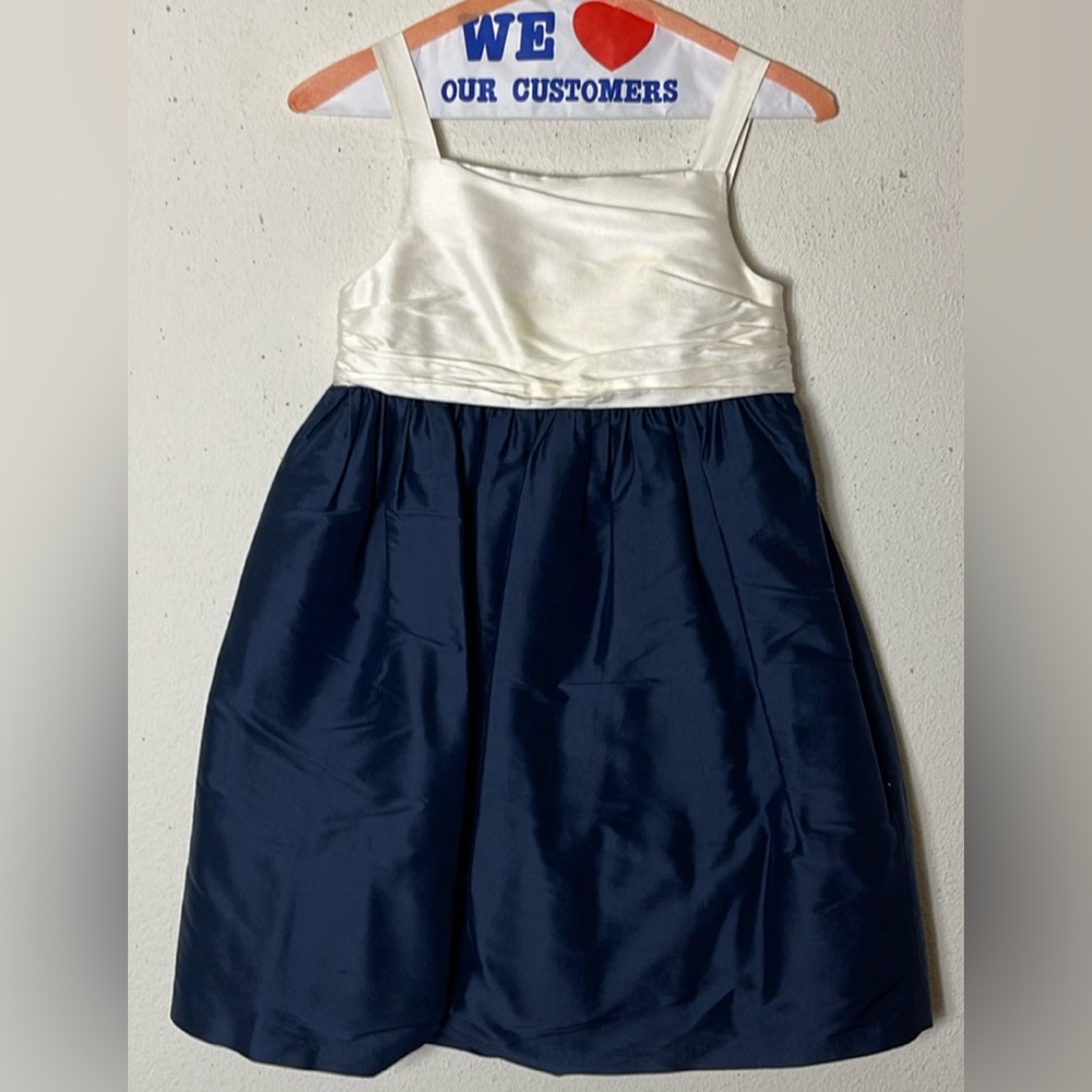 EUC Janie & Jack SPECIAL OCCASION Navy Blue & Cream 100% Silk Dress 8 ne…